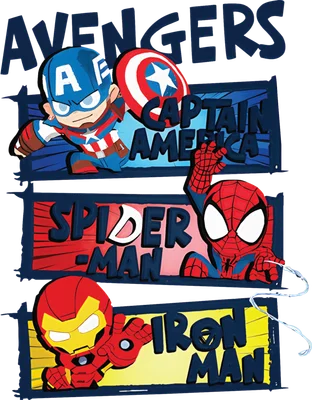 Hình ảnh chibi Captain America, Spiderman và Iron Man với tên của họ, phong cách hoạt hình.