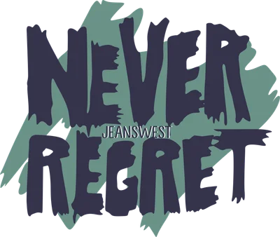 Hình in chữ Never Regret màu xanh đậm với phông nền xanh mint, chữ Jeanswest nhỏ ở giữa, phong cách grunge.