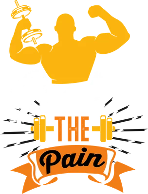 Hình ảnh vận động viên thể hình màu vàng cam nâng tạ, với dòng chữ 'Feel The Pain' và biểu tượng tạ.