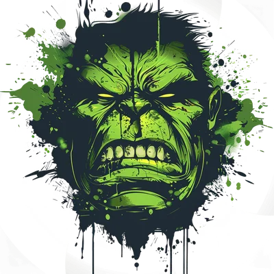 Hình ảnh đầu Hulk màu xanh lá cây giận dữ với mắt vàng và hiệu ứng bắn màu đen, xanh lá trên nền xám.