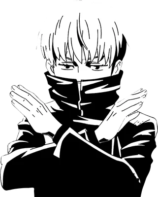 Hình vẽ nhân vật anime nam tóc trắng, mặc áo đen, che mặt bằng khăn, hai tay bắt chéo trước ngực.