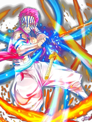 Nhân vật Akaza từ Demon Slayer trong tư thế chiến đấu, sử dụng kiếm với hiệu ứng lửa và băng rực rỡ.