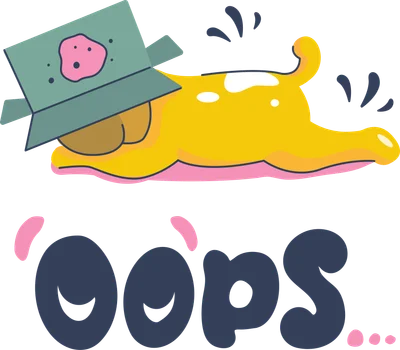 Hình ảnh minh họa chú chó vàng nằm dài, đầu đội hộp màu xanh lá, chữ "Oops" bên dưới.
