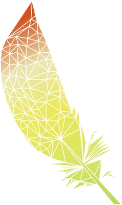 Hình ảnh lông vũ với hiệu ứng gradient từ đỏ sang vàng, được tạo thành từ các hình tam giác nhỏ.