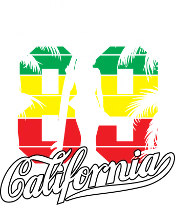 Hình in số 89 lớn màu xanh vàng đỏ với cây cọ, chữ Summer Beach và California phong cách retro.