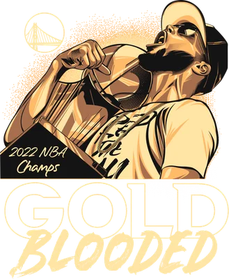 Hình minh họa người đàn ông đội mũ, cầm cúp vô địch NBA 2022, với dòng chữ "GOLD BLOODED"