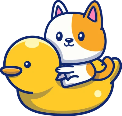 Hình ảnh minh họa chú mèo Corgi màu trắng cam đang ngồi trên con vịt cao su màu vàng.
