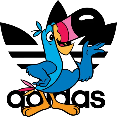 Chim Toucan hoạt hình vui nhộn trên nền logo Adidas