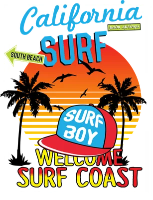 Hình ảnh chủ đề lướt sóng California với mũ 'Surf Boy', cây dừa, chim bay và hoàng hôn.