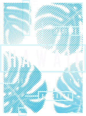 Thiết kế đồ họa chữ Hawaii với các từ khóa khám phá, trải nghiệm, thưởng thức và hình ảnh lá cây nhiệt đới màu xanh lam trên nền xám.
