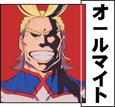 Hình ảnh All Might, nhân vật anime với mái tóc vàng, nụ cười rộng và trang phục xanh đỏ.