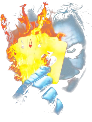 Hình ảnh Joker cầm bộ bài Át bốc cháy, với khuôn mặt ám ảnh phía sau.