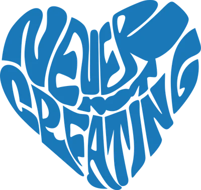 Hình ảnh trái tim màu xanh dương được tạo thành từ dòng chữ 'Never Stop Dreaming' với phông chữ uốn lượn, trên nền xám.