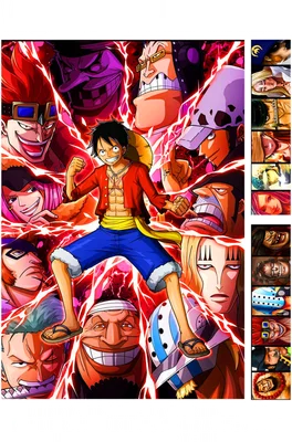 Hình ảnh nhóm nhân vật Worst Generation từ anime/manga One Piece, tập trung vào Luffy ở trung tâm.