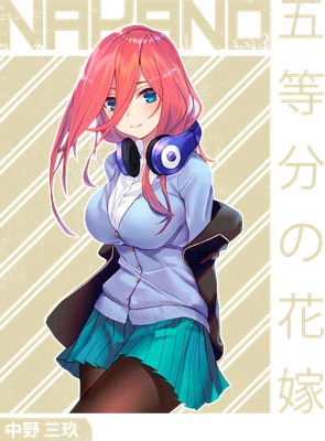 Hình ảnh Miku Nakano, nhân vật anime tóc hồng, đeo tai nghe xanh, mặc áo sơ mi, áo khoác và váy xếp ly.