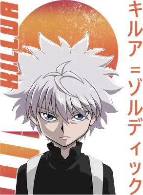 Hình vẽ nhân vật Killua Zoldyck từ anime Hunter x Hunter với mái tóc trắng và đôi mắt xanh, trên nền xám có mặt trời cam.