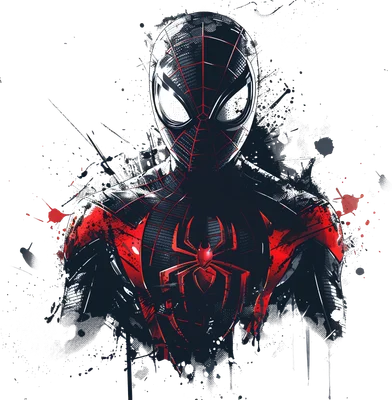 Hình ảnh Người Nhện Miles Morales với bộ đồ đen đỏ, hiệu ứng bắn sơn và nét vẽ mạnh mẽ trên nền xám.