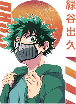 Hình vẽ anime chàng trai tóc xanh lá, đeo khẩu trang xám, mặc áo hoodie xanh lá, có hình tròn cam phía sau.