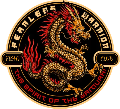Hình minh họa rồng vàng uốn lượn phong cách chiến binh với chữ Fearless Warrior