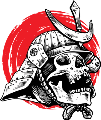 Hình ảnh đầu lâu đội mũ samurai, có kiếm cắm trên mũ, nền đỏ tròn.