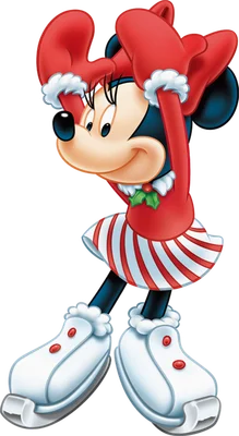 Minnie Mouse hoạt hình mặc trang phục Giáng Sinh màu đỏ trắng, váy sọc, găng tay và giày trượt băng, tạo dáng vui tươi.