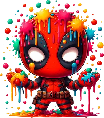 Hình ảnh chibi Deadpool màu đỏ đen, toàn thân dính đầy sơn màu sắc rực rỡ đang chảy xuống, xung quanh có nhiều giọt sơn nhỏ.