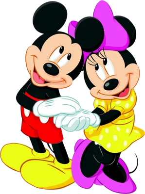 Hình ảnh hoạt hình Mickey Mouse và Minnie Mouse nắm tay nhau, cả hai đều mỉm cười vui vẻ trên nền xám.