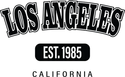 Hình in chữ Los Angeles California màu đen trắng, với dòng chữ Est. 1985 trên nền xám.