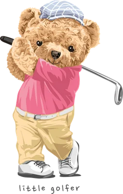Hình vẽ gấu bông màu nâu mặc áo hồng, quần be, đội mũ xanh đang vung gậy chơi golf, nền xám.