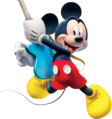 Hình ảnh nhân vật hoạt hình Mickey Mouse đang chạy hoặc nhảy, với trang phục quần đỏ, áo xanh, giày vàng và găng tay trắng, trên nền xám.