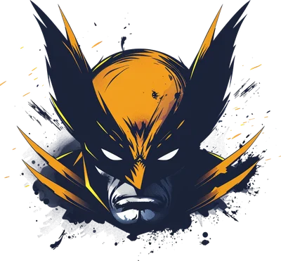 Hình ảnh đầu Wolverine với mặt nạ đen và vàng, mắt trắng, hiệu ứng vệt sơn và tia sáng trên nền xám.