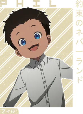 Hình ảnh nhân vật hoạt hình Phil từ The Promised Neverland, mặc áo sơ mi trắng, cười tươi.