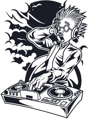 Hình ảnh phù thủy DJ đeo tai nghe, đang mix nhạc trên bàn DJ, với hình ảnh dơi bay lượn phía sau.