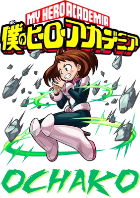 Nhân vật Ochaco Uraraka trong phong cách chibi từ anime My Hero Academia, đang bay lơ lửng với đá xung quanh.