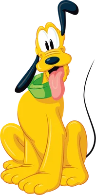 Hình ảnh chú chó Pluto màu vàng của Disney đang ngồi, lè lưỡi, đeo vòng cổ xanh lá, trên nền xám.