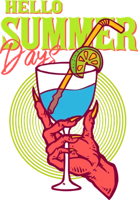 Hình minh họa bàn tay màu đỏ có móng vuốt cầm ly cocktail xanh với chanh và ống hút, chữ Hello Summer Days.