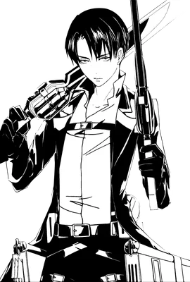 Hình vẽ Levi Ackerman trong Attack on Titan, mặc trang phục quân đội, cầm kiếm và thiết bị cơ động 3D.