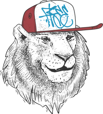 Hình minh họa đầu sư tử đội mũ snapback đỏ xám với họa tiết graffiti, phong cách đường phố