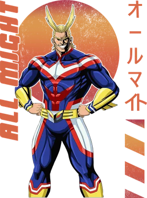 Hình vẽ All Might, nhân vật anh hùng cơ bắp trong bộ trang phục xanh đỏ vàng, đứng với hai tay chống hông.