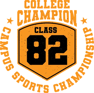 Thiết kế đồ họa phong cách vintage với chữ 'COLLEGE CHAMPION CLASS 82' màu cam và đen, viền hình khiên, nền xám.