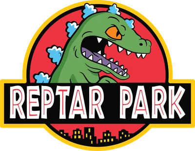 Logo Reptar Park với hình ảnh khủng long xanh lá hoạt hình đang gầm gừ, có chữ Reptar Park bên dưới.