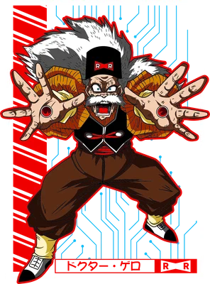 Hình minh họa nhân vật Dr. Gero từ Dragon Ball Z, với biểu cảm tức giận và hai tay dang ra.