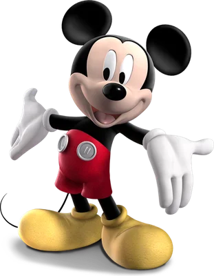 Hình ảnh 3D của chuột Mickey Mouse đang mỉm cười thân thiện, đứng thẳng với hai tay dang nhẹ, trên nền xám.