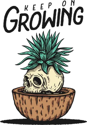 Hình minh họa đầu lâu trong chậu cây với dòng chữ Keep on Growing phong cách vẽ tay