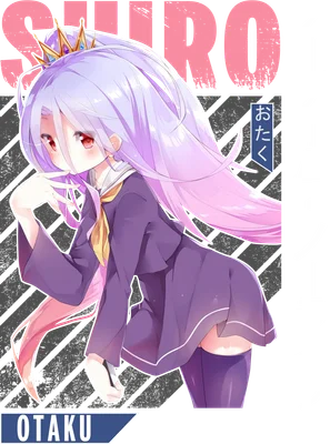 Hình ảnh Shiro, nhân vật anime tóc tím dài, đội vương miện, mặc đồng phục, với chữ 'SHIRO' và 'OTAKU' trên nền xám.
