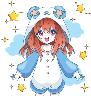 Hình ảnh cô bé anime tóc đỏ, mắt to tròn, mặc bộ đồ liền thân hình gấu trúc màu xanh trắng, xung quanh có mây và sao lấp lánh.