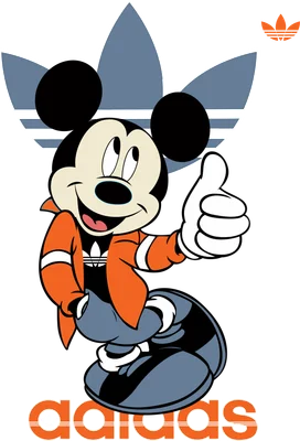 Hình ảnh Mickey Mouse mặc áo khoác cam, quần xanh, đi giày, giơ ngón cái lên, có logo Adidas lớn phía sau và logo nhỏ ở dưới.