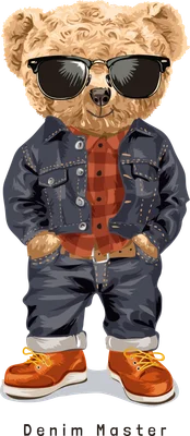Hình vẽ gấu bông màu nâu mặc áo khoác denim xanh, áo sơ mi kẻ caro đỏ, quần jean và đeo kính râm đen, đứng trên nền xám.