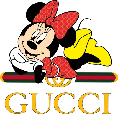 Hình ảnh Minnie Mouse mặc trang phục họa tiết Gucci, nằm trên logo Gucci và dòng chữ GUCCI.
