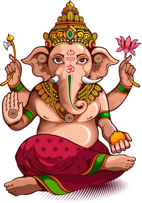 Hình ảnh minh họa Thần Ganesha với đầu voi, đội vương miện, cầm hoa sen và rìu, ngồi trên nền xám.